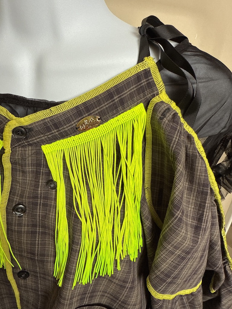 503239　肩リボンフリンジフリル2wayシャツ　（茶色に黒チェック）　　Tussles attached plaid tops