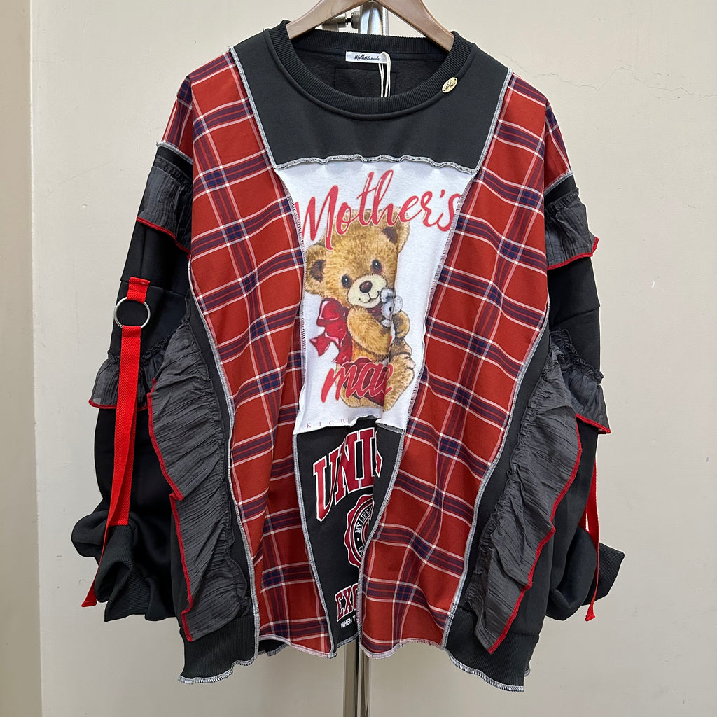 テディベアチェック柄リメイクスウェットシャツ
