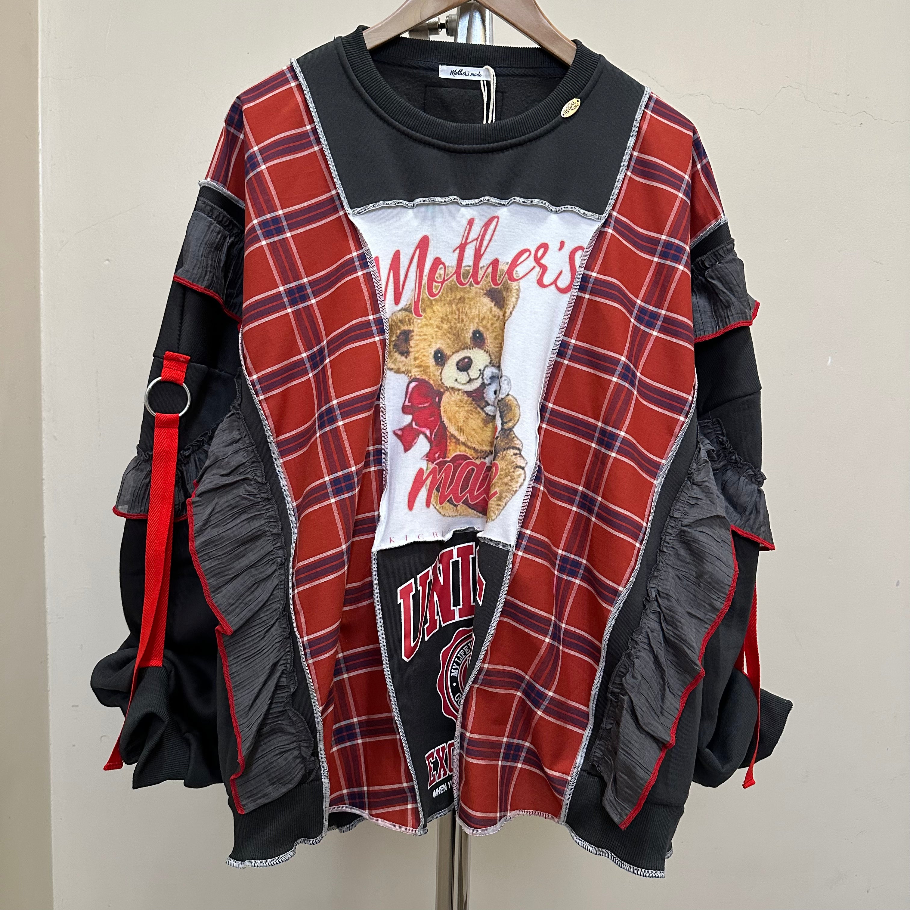 テディベアチェック柄リメイクスウェットシャツ