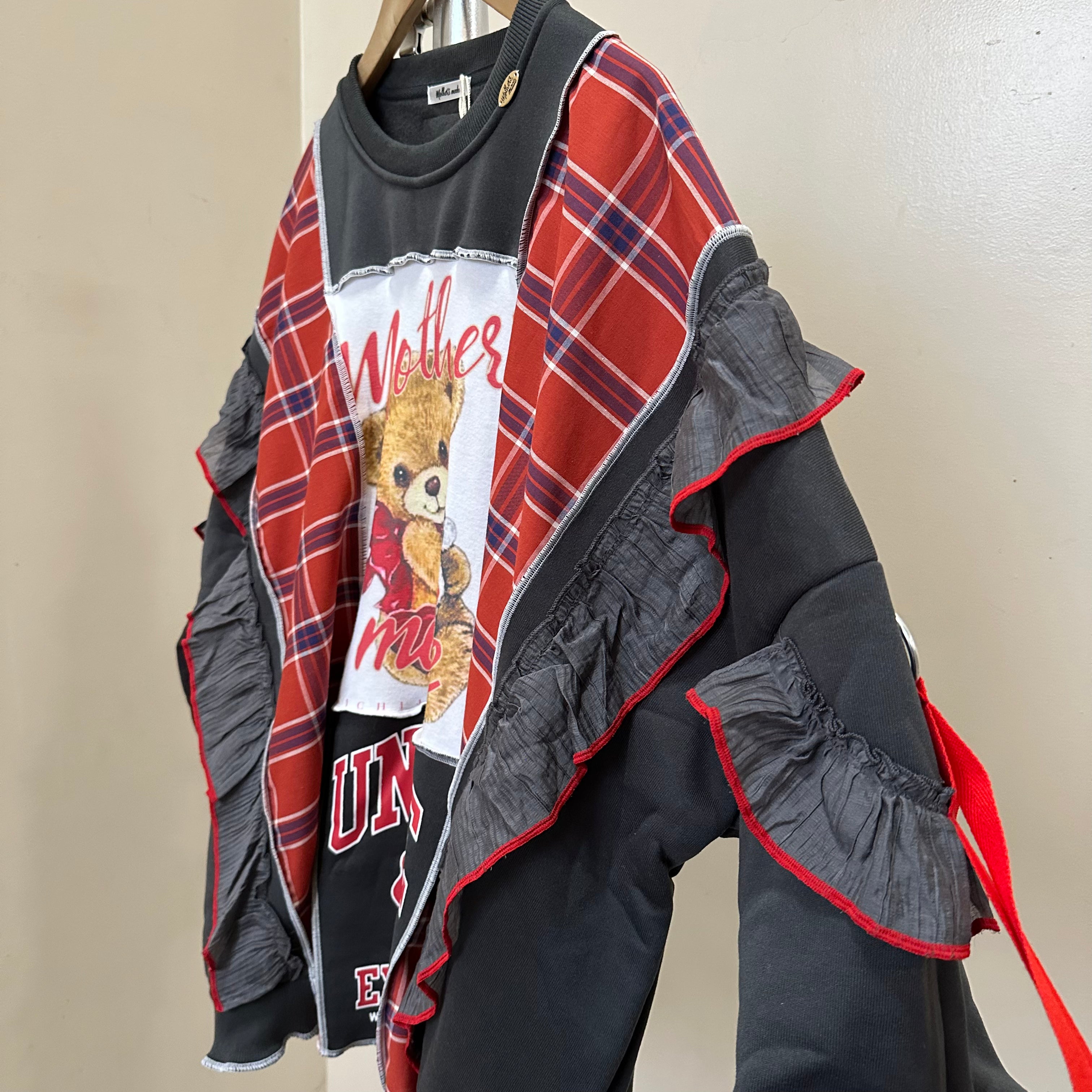 テディベアチェック柄リメイクスウェットシャツ