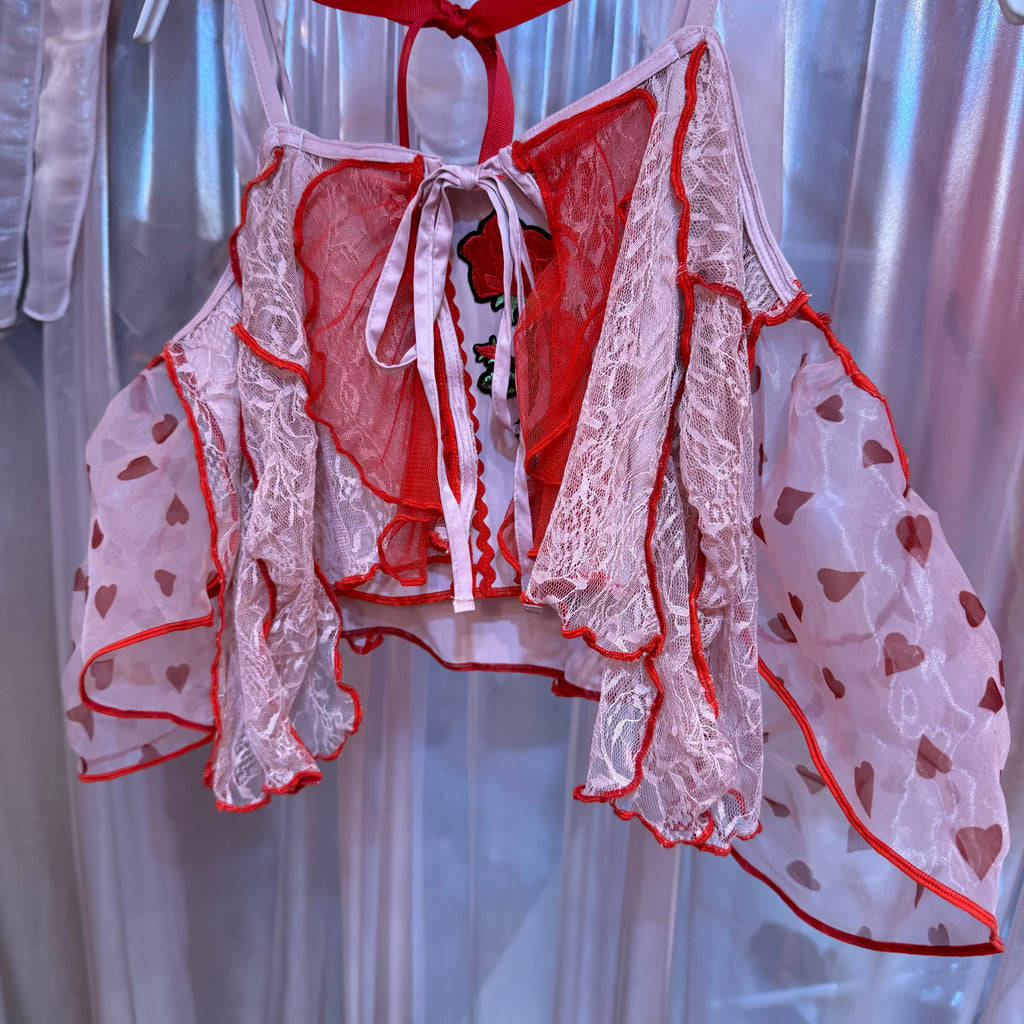 ピンク薔薇刺繍レースキャミソール