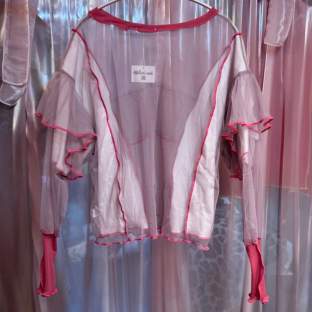 ピンクシアーフリル長袖トップス