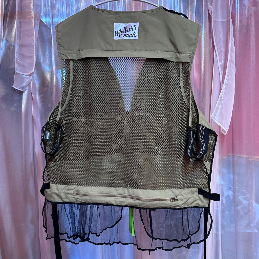 ベージュヒョウワッペンフィッシングチュールベスト