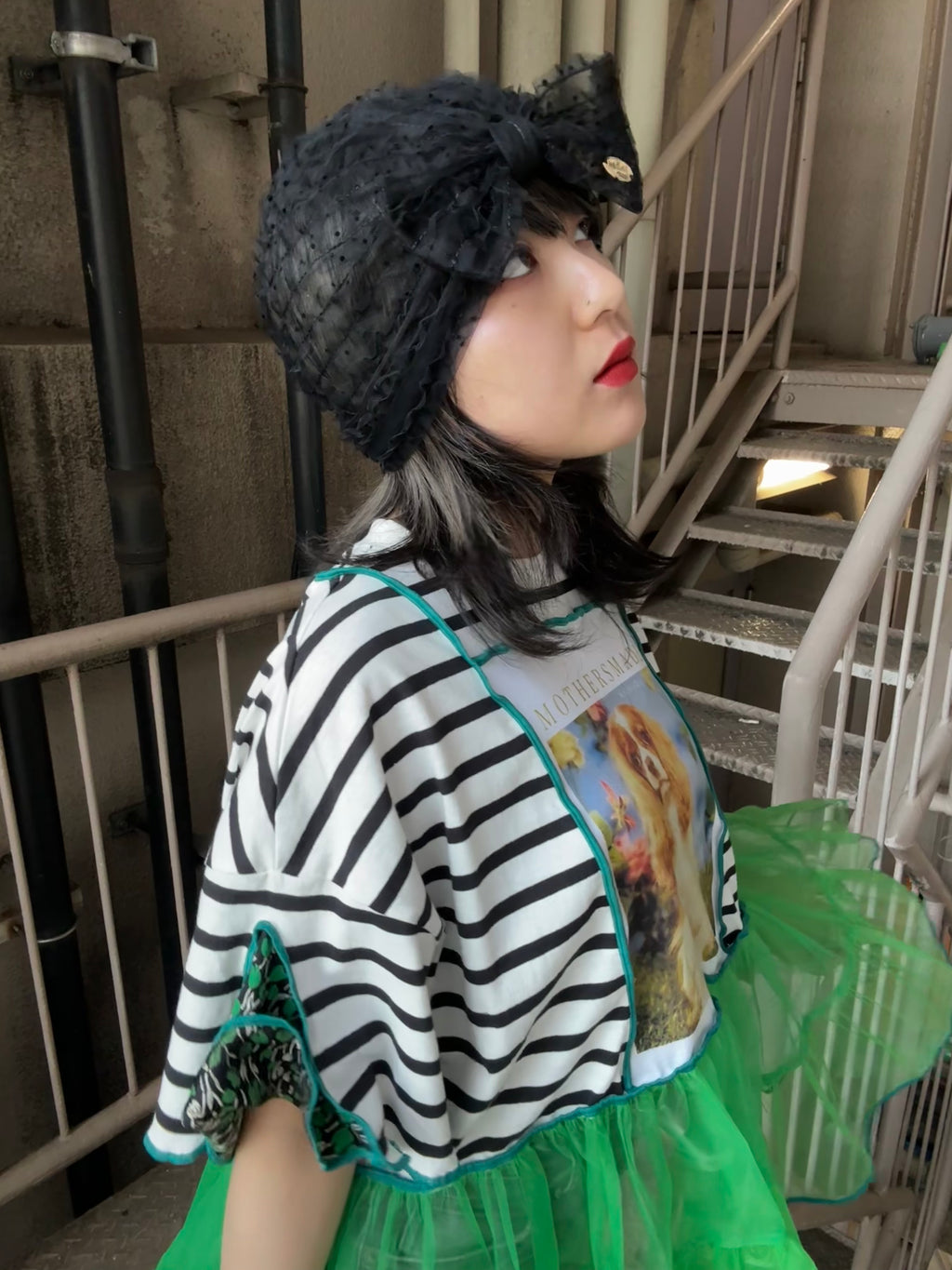 キャバリア犬半袖ボーダーTシャツ＆グリーンチュール