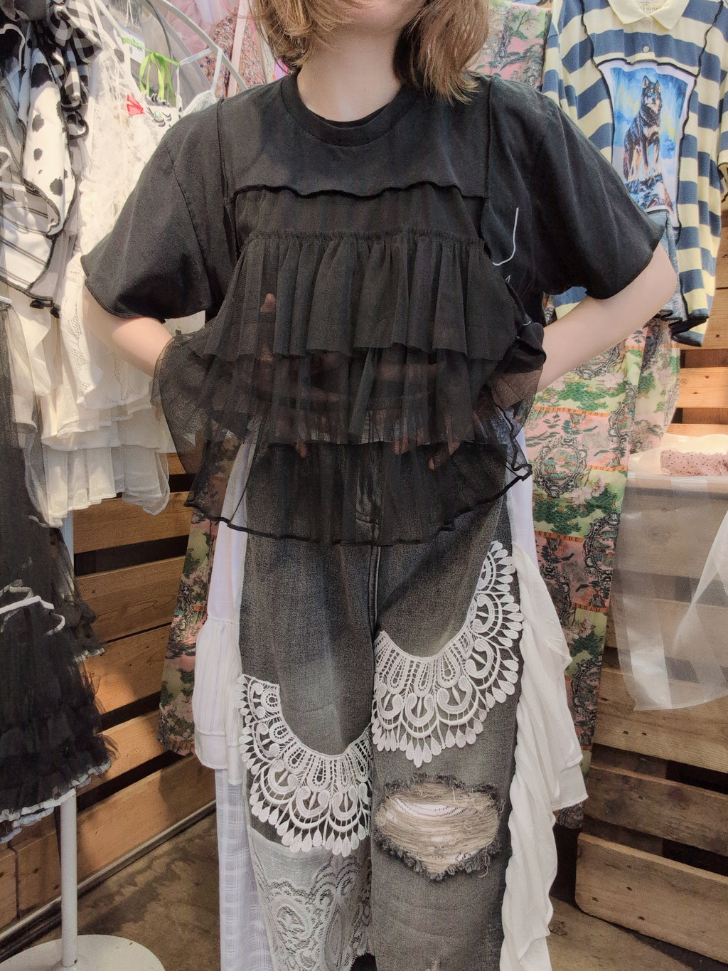 シフォン切替シンプル黒Tシャツ