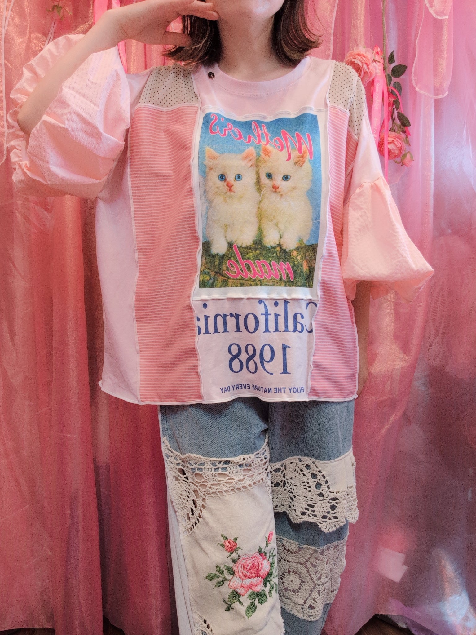 こねこボリューム袖ピンクプルオーバー