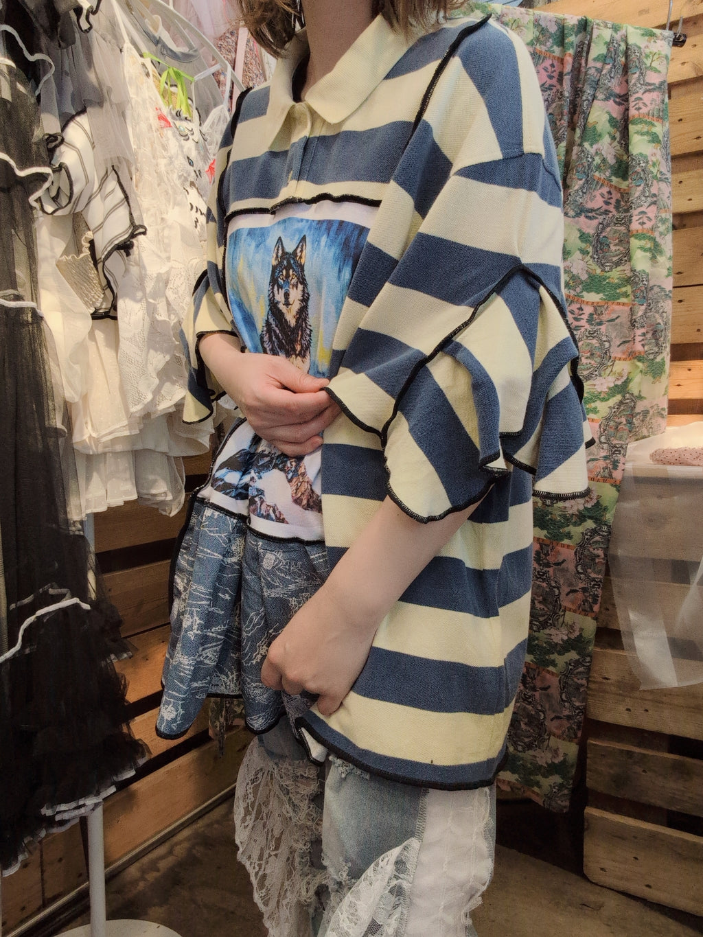 おおかみポロシャツ マスタードボーダー