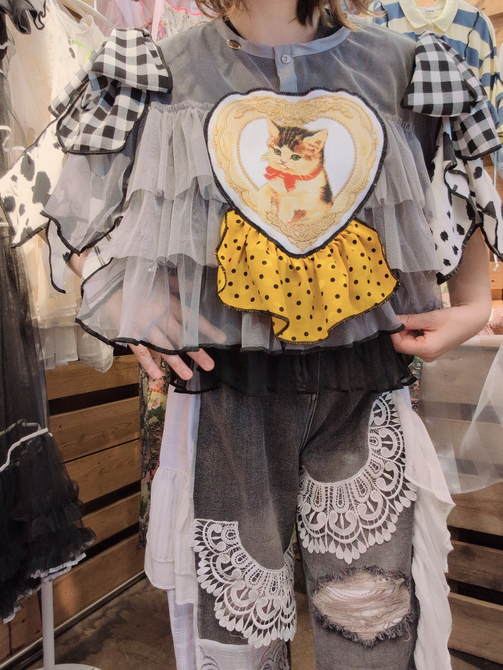 ねこハート♡シフォントップス グレー