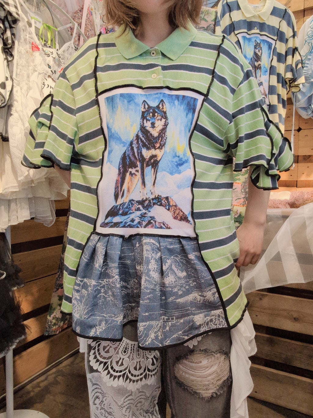 おおかみポロシャツ グリーンボーダー