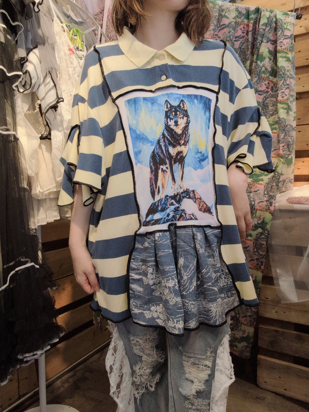 おおかみポロシャツ マスタードボーダー